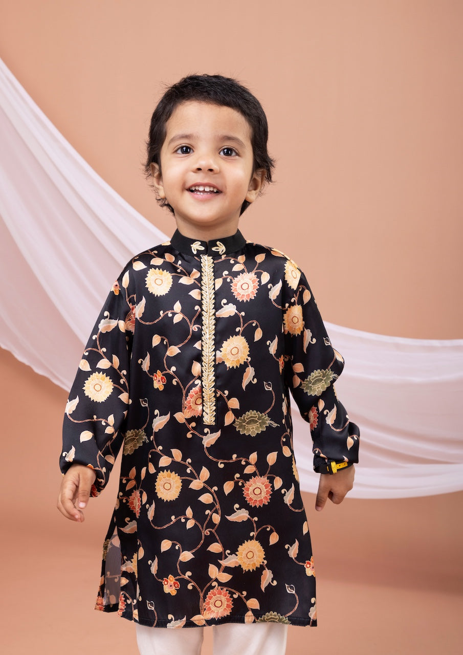 Black Flower Printed Kurta With Pajama Set