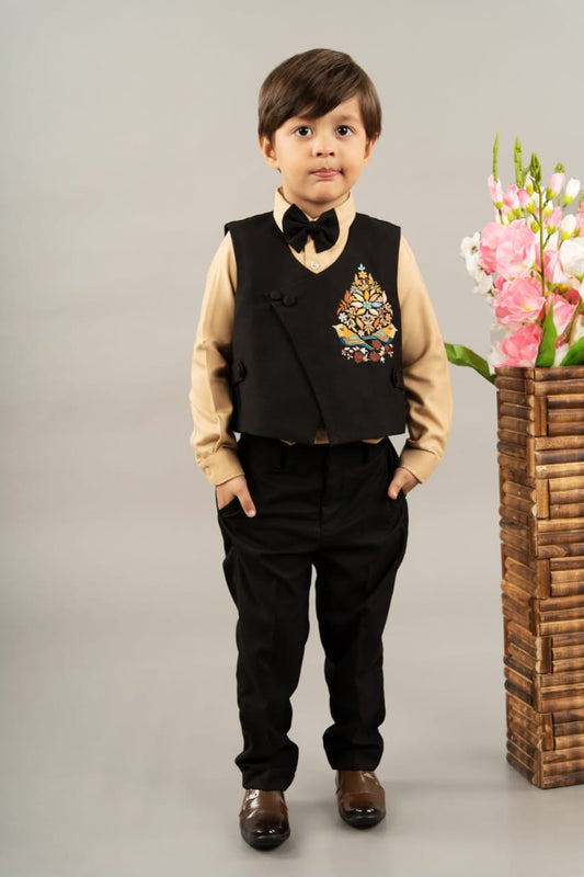 Beidge Shirt Black Full Pant Embroidery Boota Waist Coat With Bow Tie Set