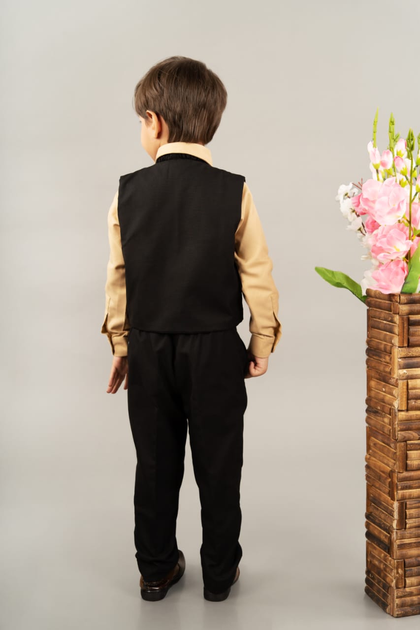 Beidge Shirt Black Full Pant Embroidery Boota Waist Coat With Bow Tie Set
