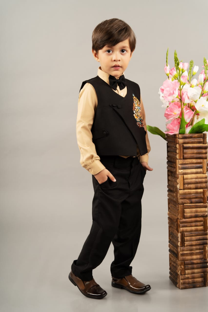 Beidge Shirt Black Full Pant Embroidery Boota Waist Coat With Bow Tie Set