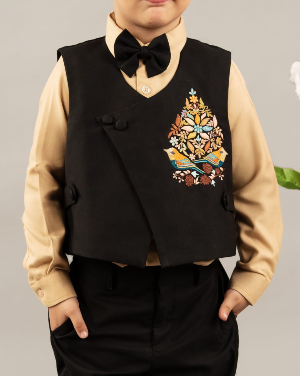Beidge Shirt Black Full Pant Embroidery Boota Waist Coat With Bow Tie Set
