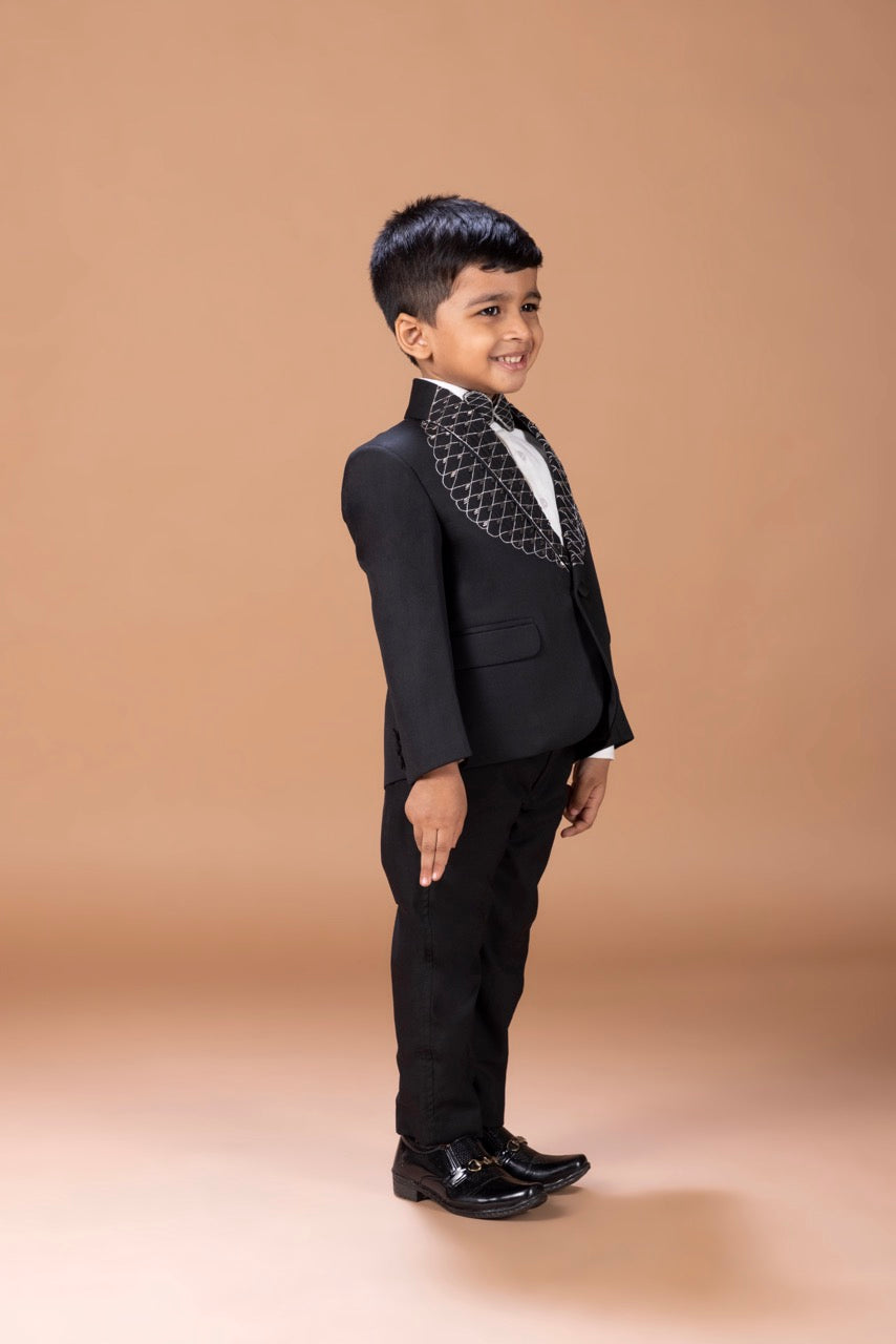 Black Tuxedo With Hand Embroidery On Laple And Front With Shirt Pant With Bow Tie Set