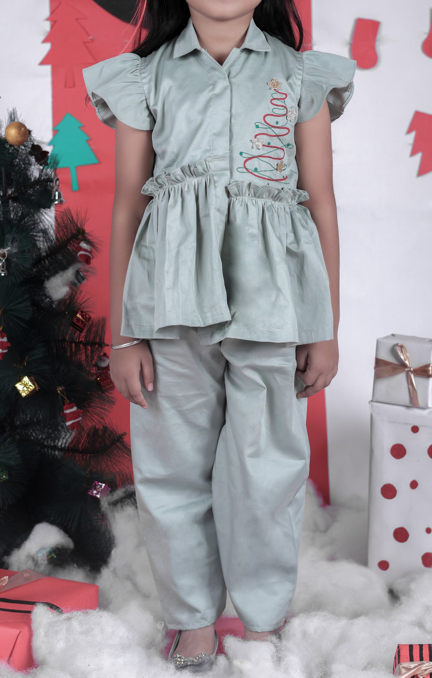 Mint Green Christmas Tree Embroidered Cord Set