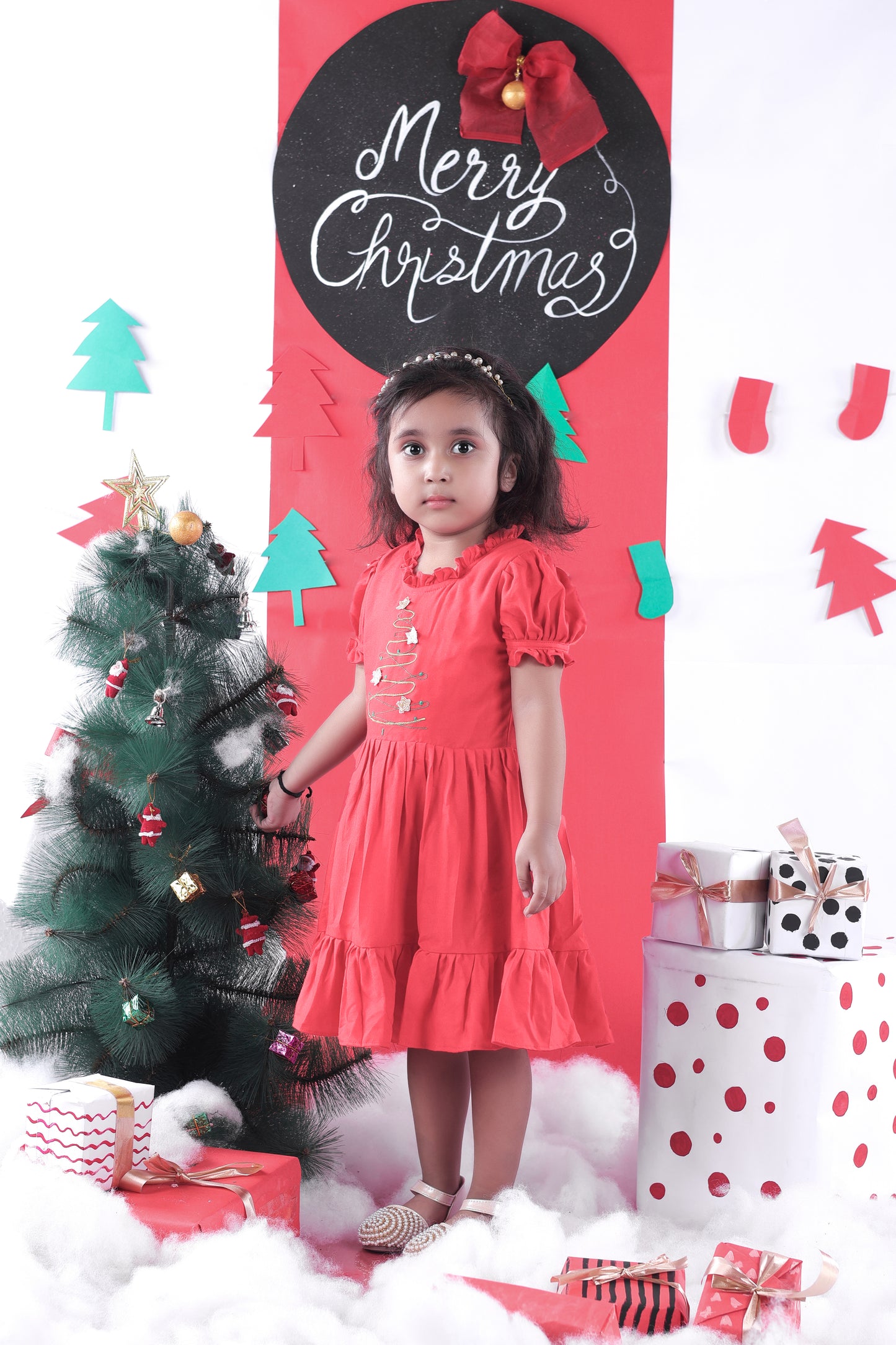 Red Christmas Tree Embroiderey Dress