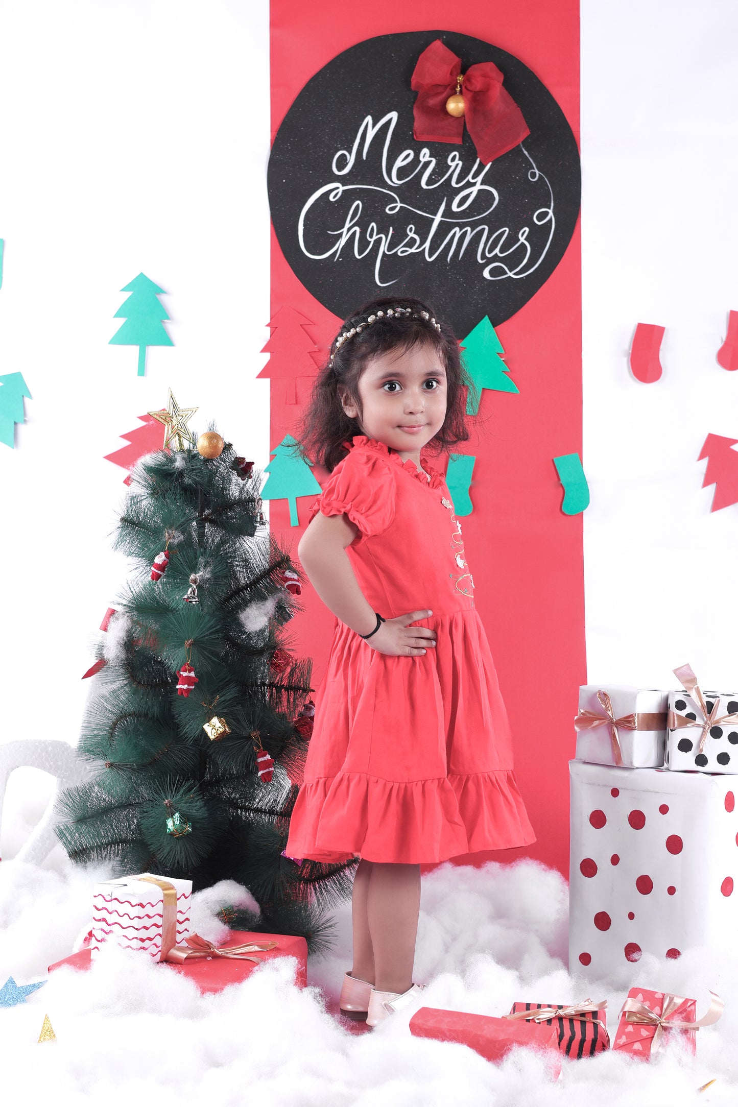 Red Christmas Tree Embroiderey Dress