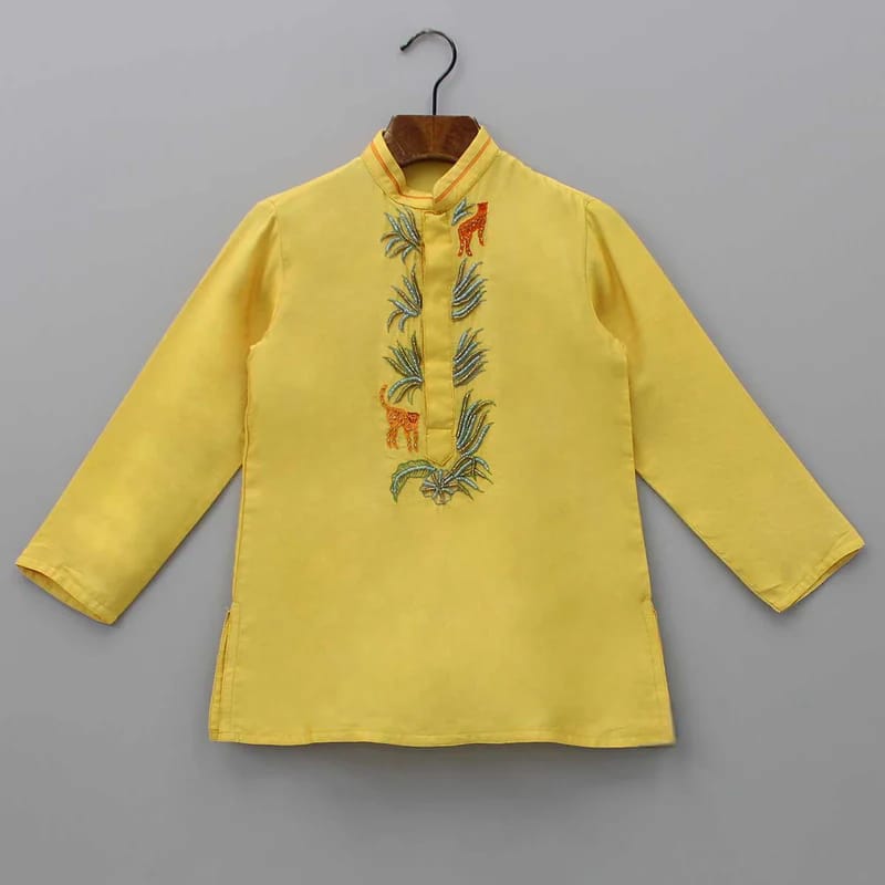 Cheetah Hand Embroidered Kurta Yellow Set