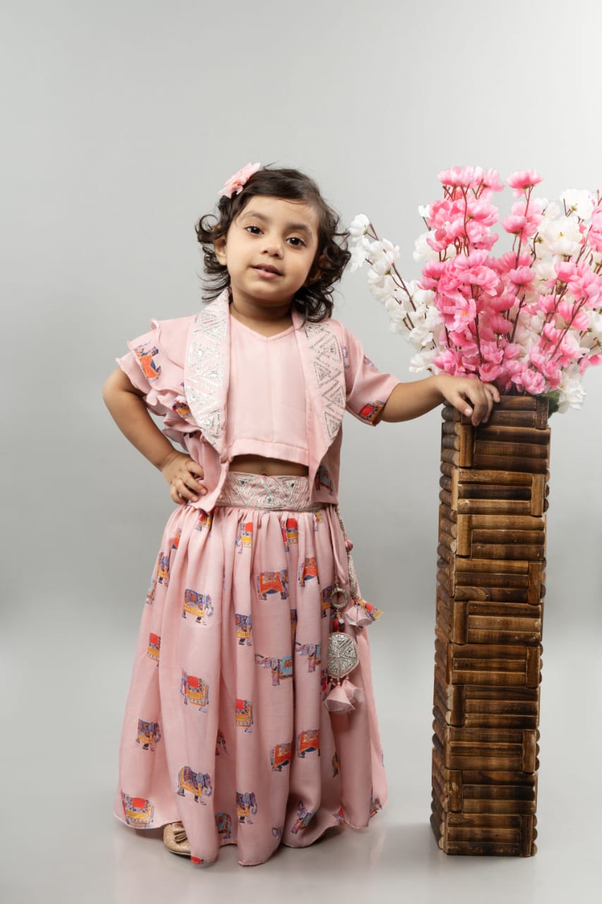 Powder Pink Elephant Print Jacket With Ghagara Set