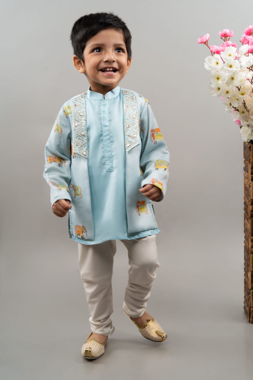 Powder Blue Indo Western Elephant Print Attached Jacket With Churidar Set
