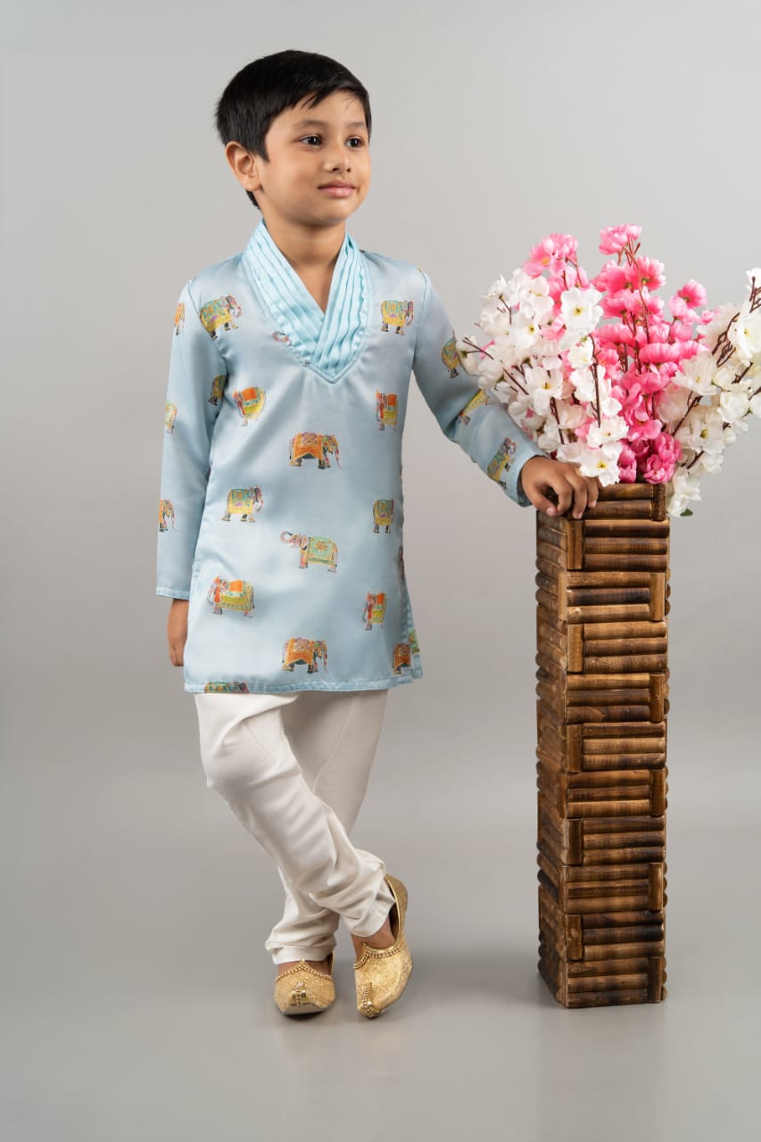 Powder Blue Elephant Print Kurta With Churidar Set