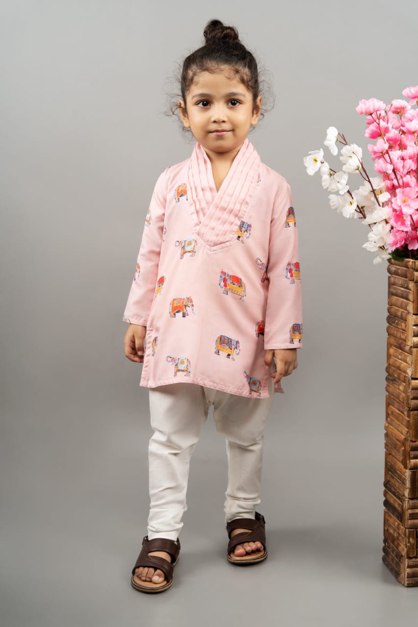 Powder Pink Elephant Print Kurta With Churidar Set