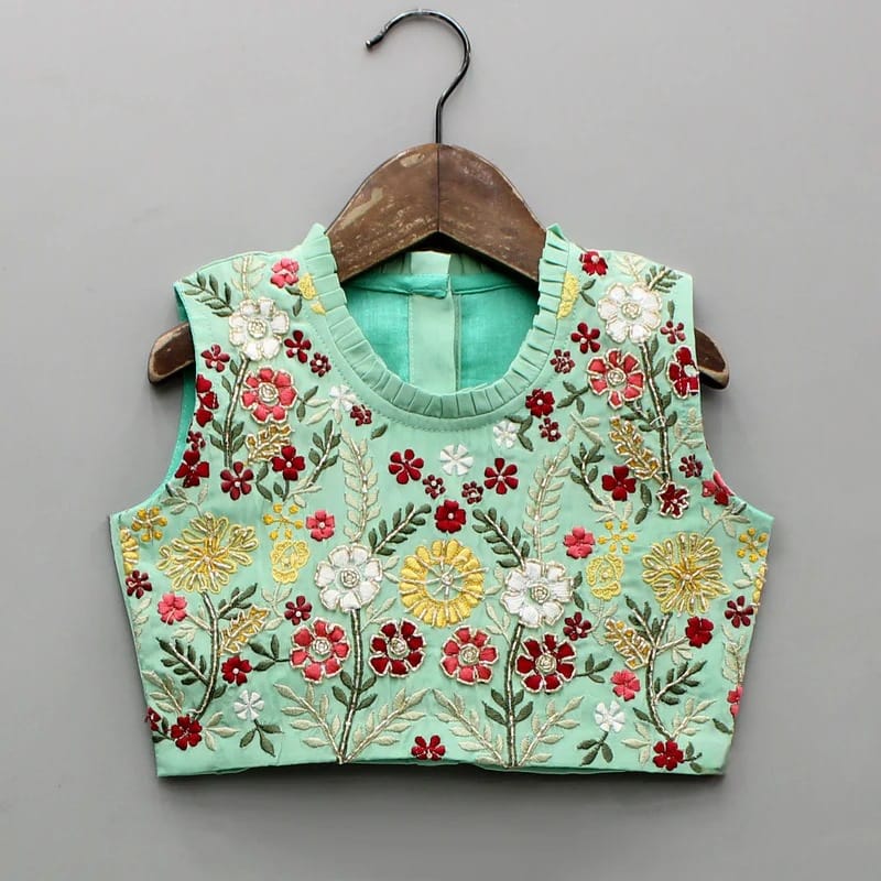 Mint Green Floral Hand Embroidered Blouse With Asymmetrical Ghagara Set