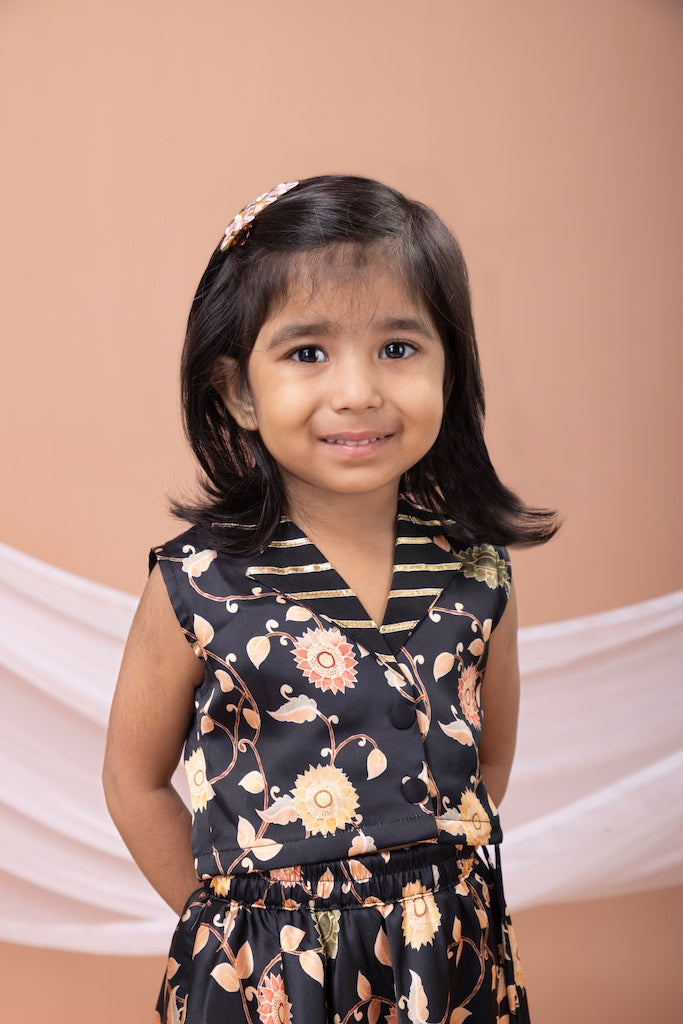 Black Flower Printed Blouse With Black Flower Printed Ghagara Set