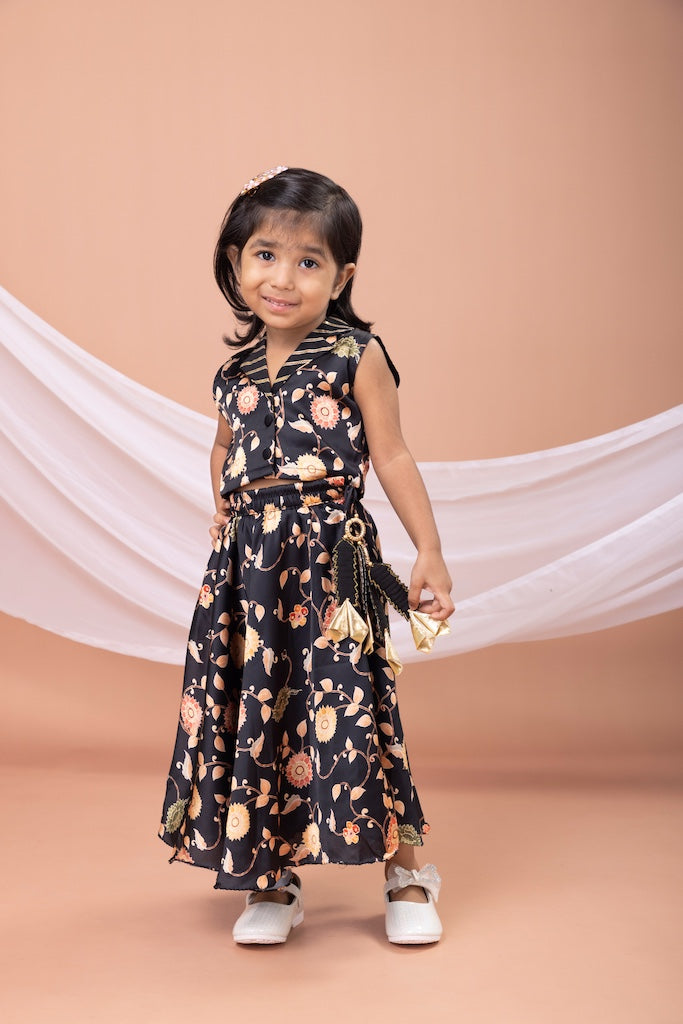 Black Flower Printed Blouse With Black Flower Printed Ghagara Set