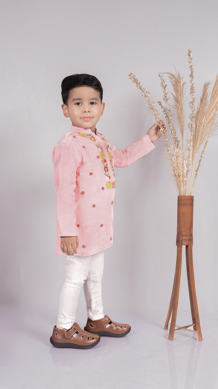 Powder Pink Floral Hand Embroidery Kurta With Pajama Set