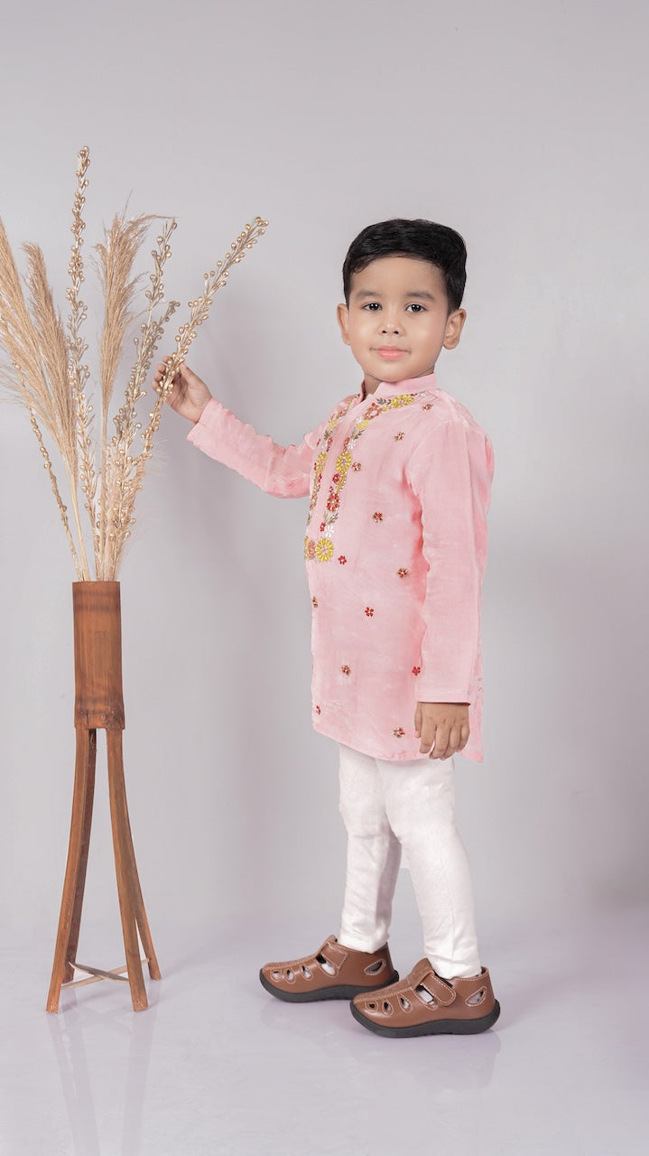 Powder Pink Floral Hand Embroidery Kurta With Pajama Set