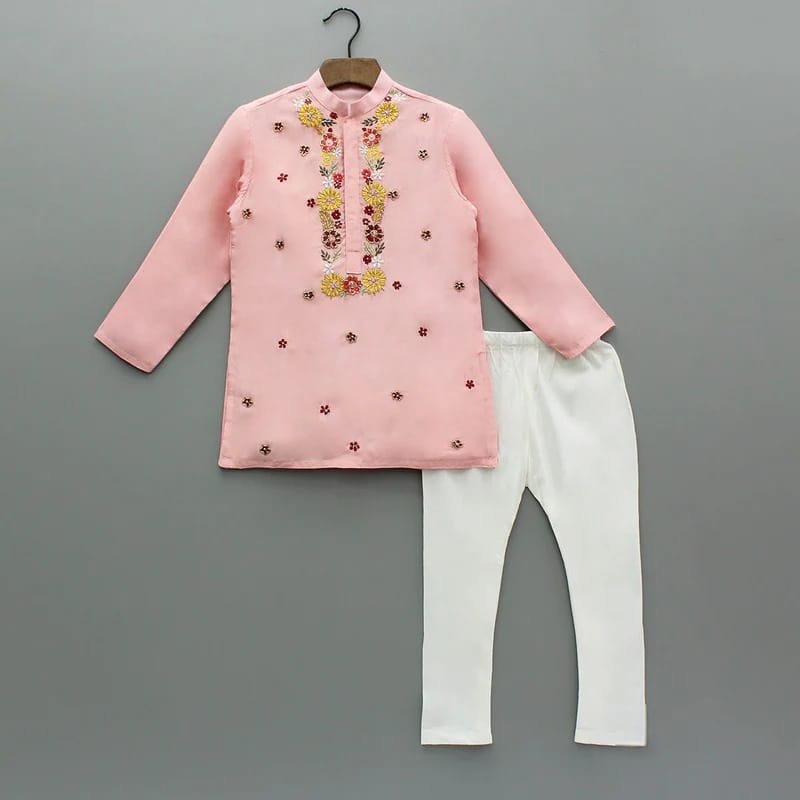 Powder Pink Floral Hand Embroidery Kurta With Pajama Set