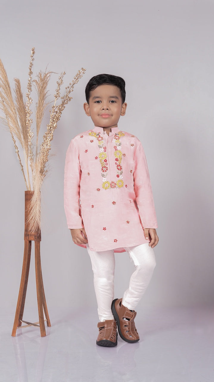Powder Pink Floral Hand Embroidery Kurta With Pajama Set