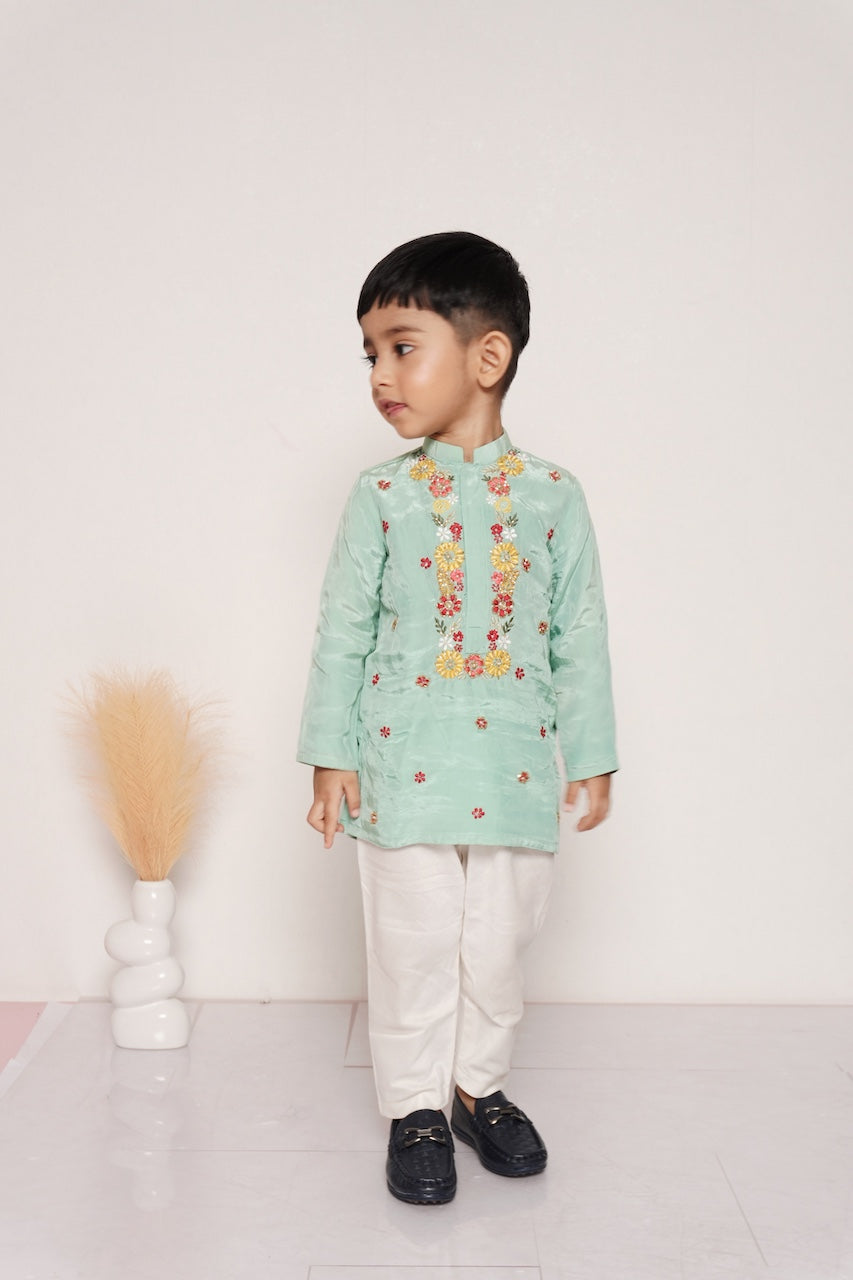 Mint Green Floral Hand Embroidery Kurta With Pajama Set