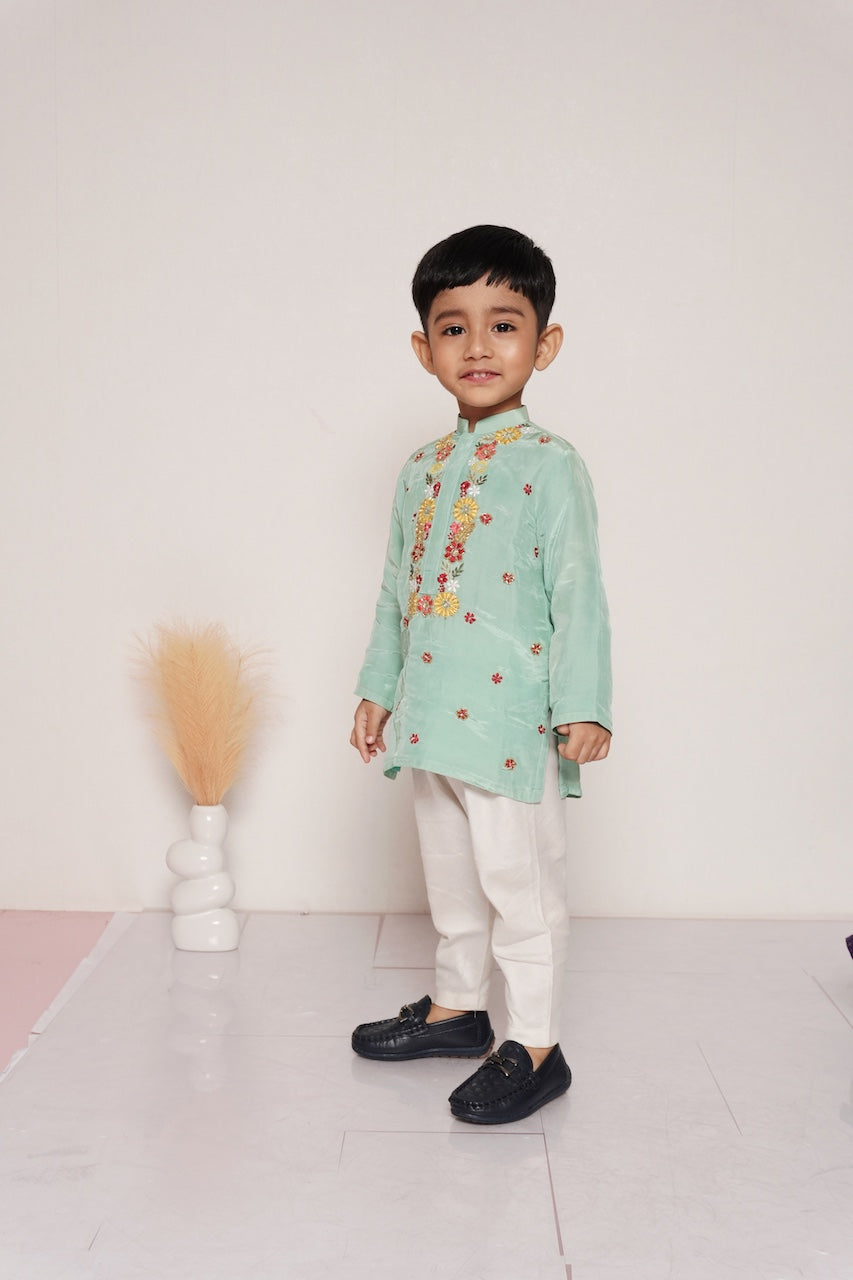 Mint Green Floral Hand Embroidery Kurta With Pajama Set