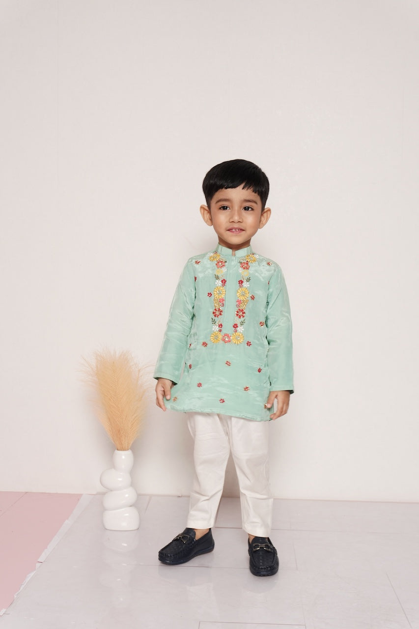 Mint Green Floral Hand Embroidery Kurta With Pajama Set