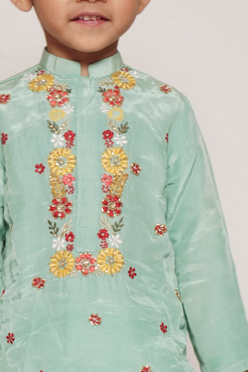 Mint Green Floral Hand Embroidery Kurta With Pajama Set