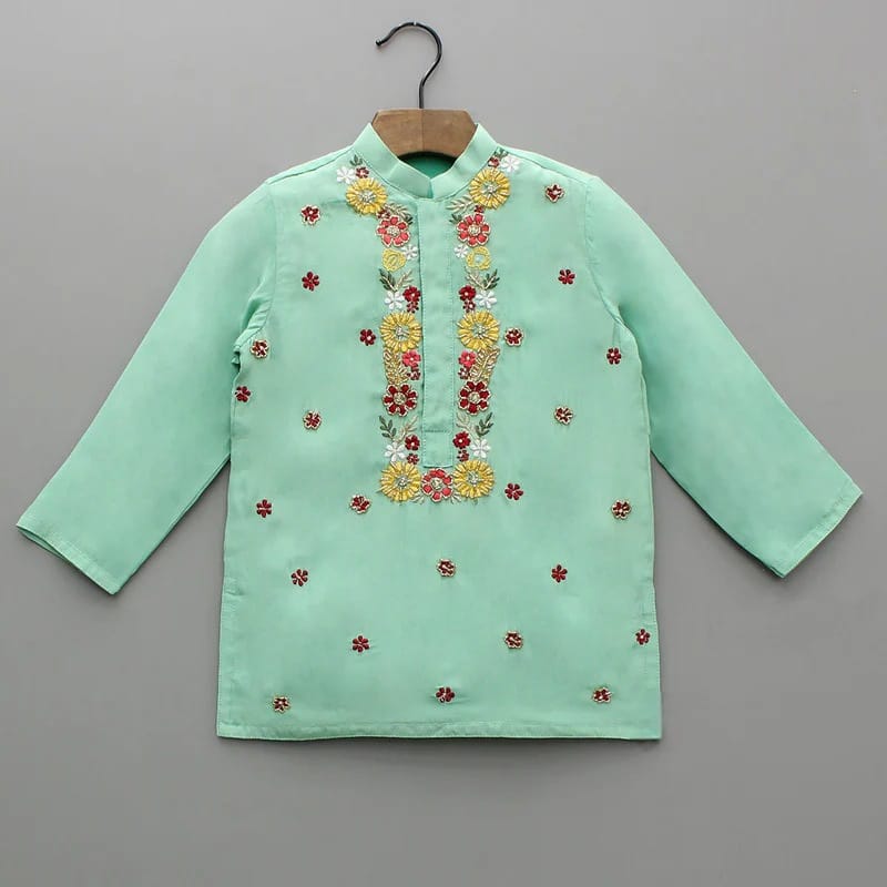 Mint Green Floral Hand Embroidery Kurta With Pajama Set