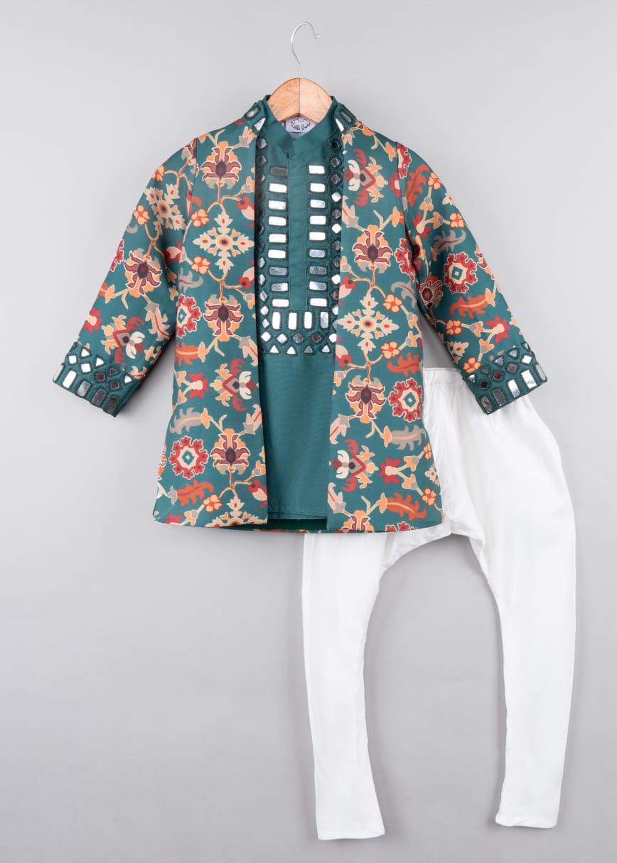 Bottle Green Mirrow Work Achkan With Ikkat Printed Jacket Set