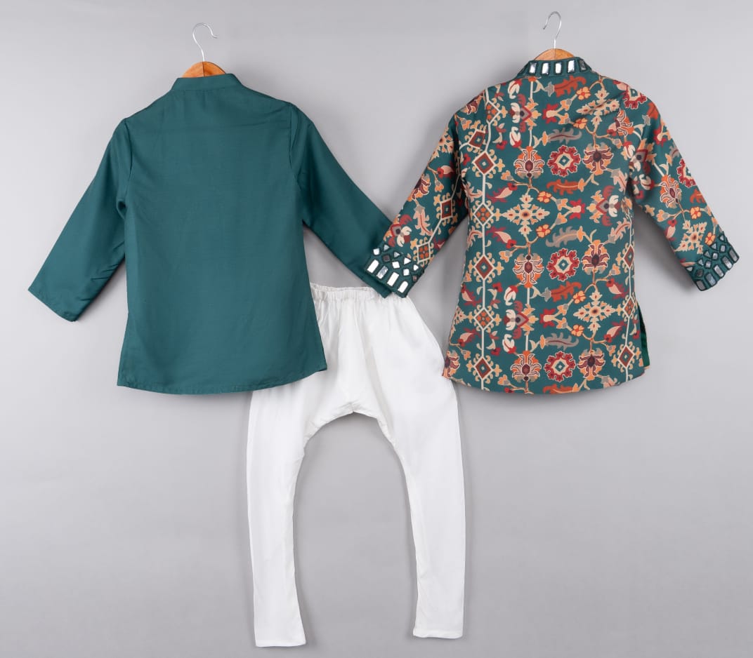 Bottle Green Mirrow Work Achkan With Ikkat Printed Jacket Set