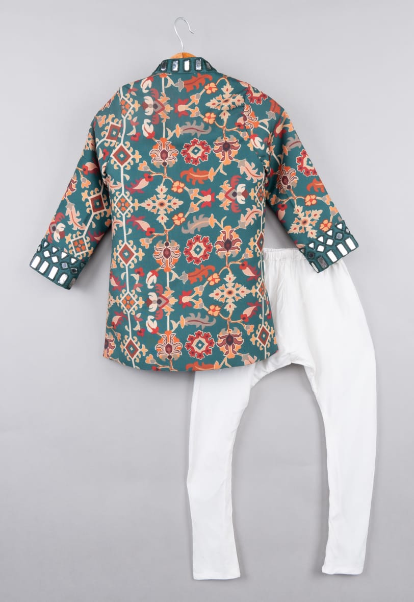 Bottle Green Mirrow Work Achkan With Ikkat Printed Jacket Set