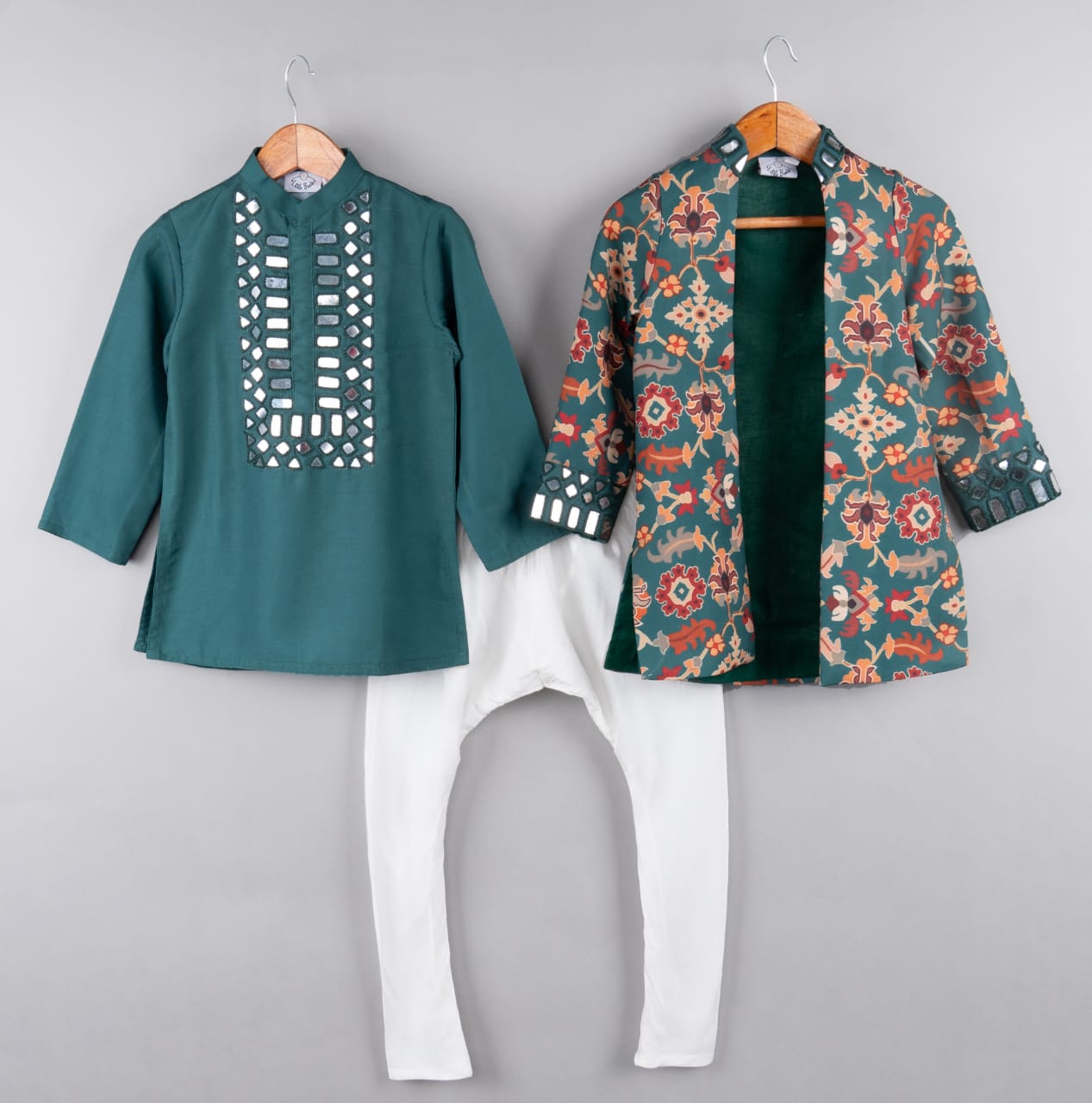 Bottle Green Mirrow Work Achkan With Ikkat Printed Jacket Set