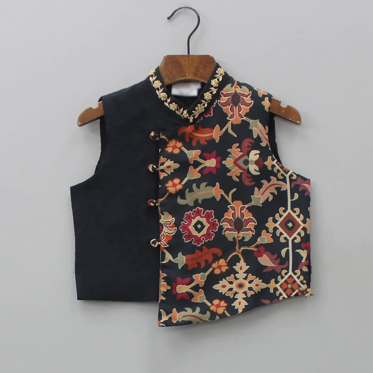 Black Kurta With Ikkat Print Jacket With Hand Embroidered With Churidar Set