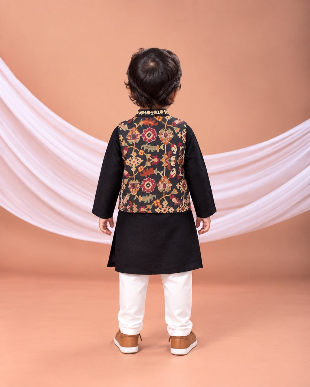 Black Kurta With Ikkat Print Jacket With Hand Embroidered With Churidar Set