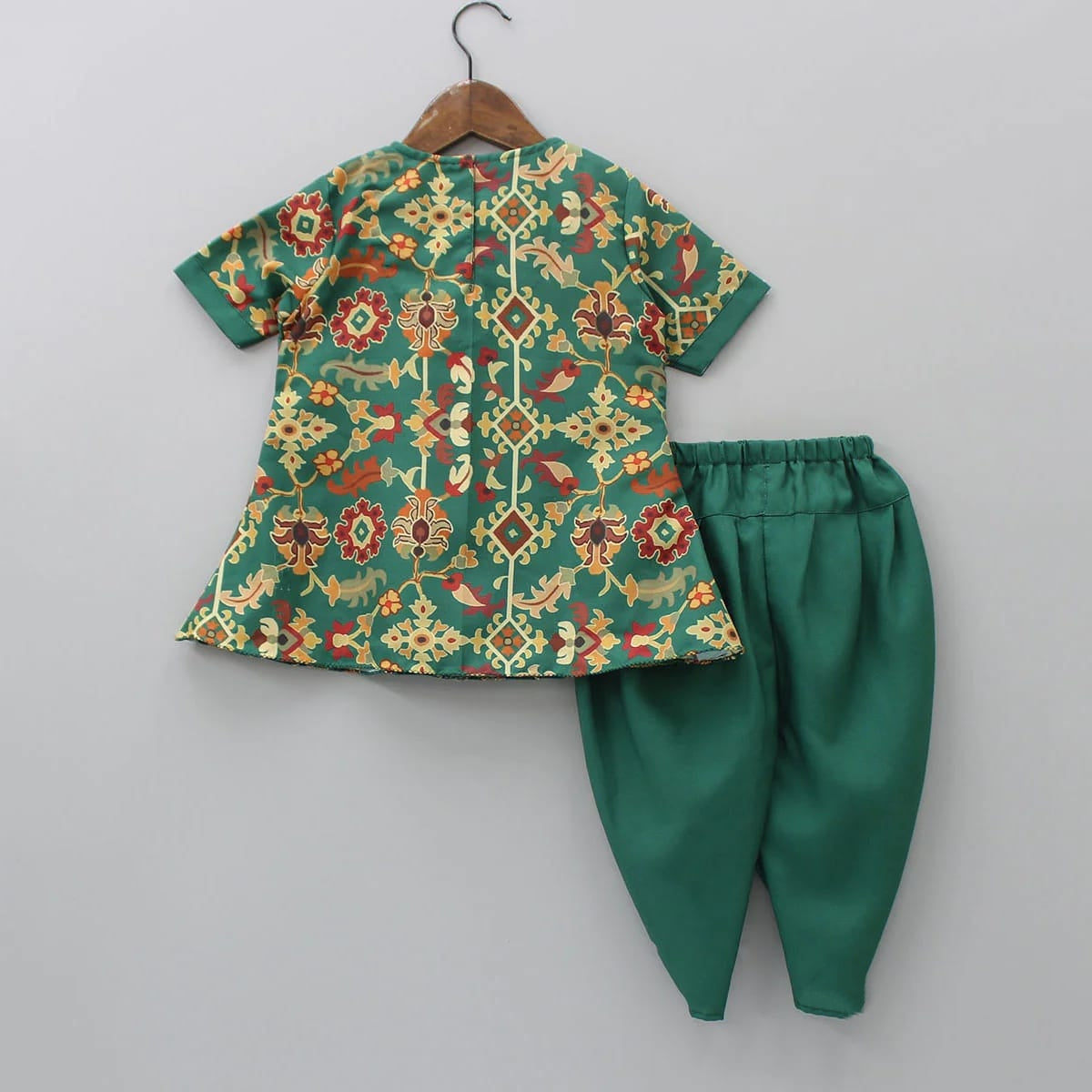 Bottle Green Ikkat Print Embroidered Kurti With Dhoti Pant Set