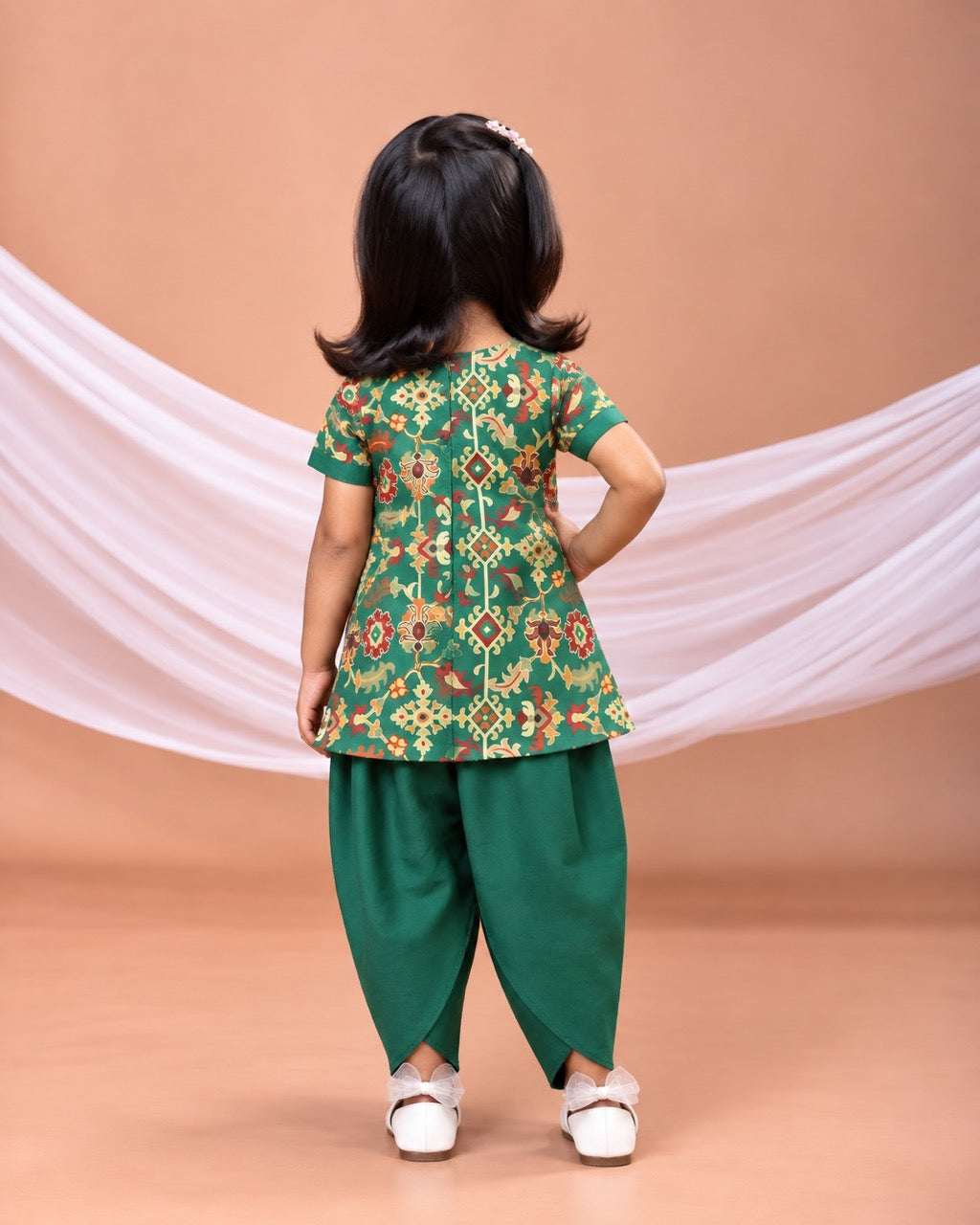 Bottle Green Ikkat Print Embroidered Kurti With Dhoti Pant Set