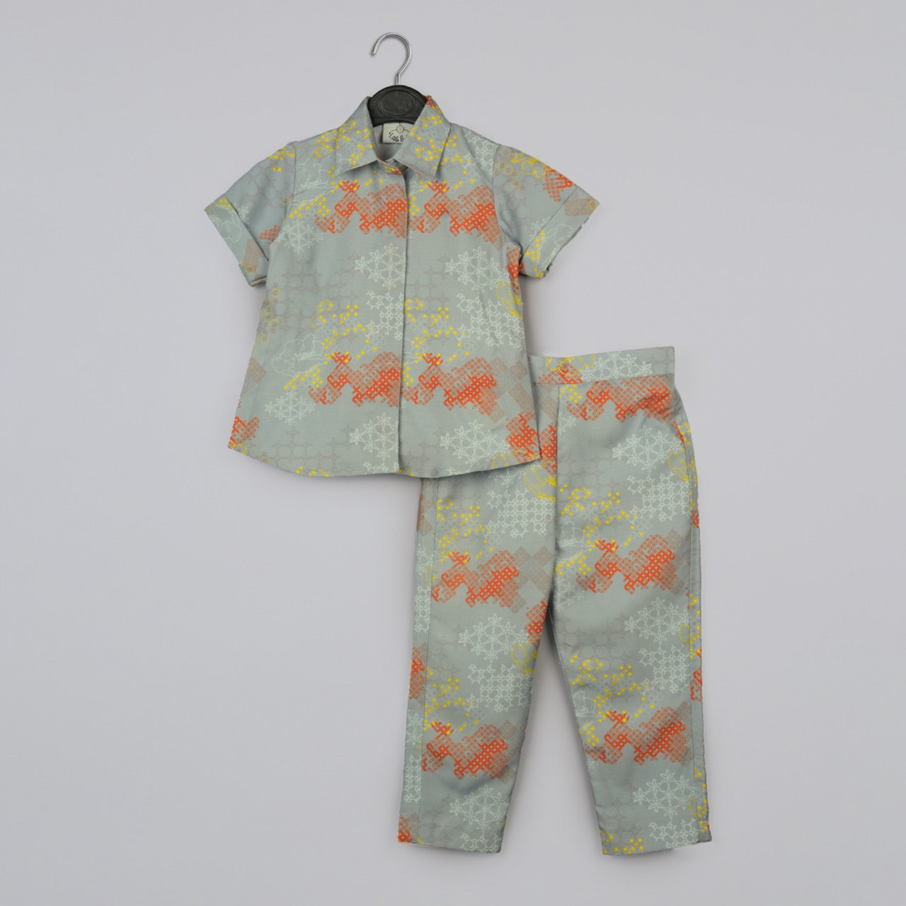 Grey Geometrical Printed Shirt With Embroidered Jacket With Printed Pant Set