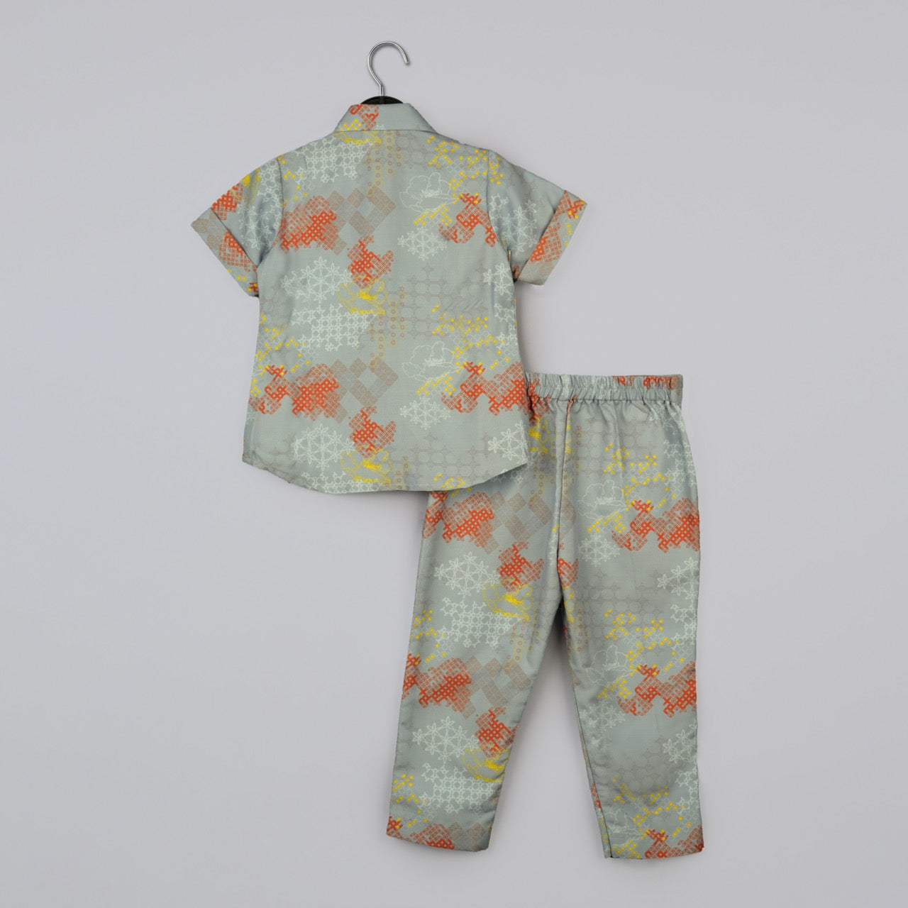 Grey Geometrical Printed Shirt With Embroidered Jacket With Printed Pant Set