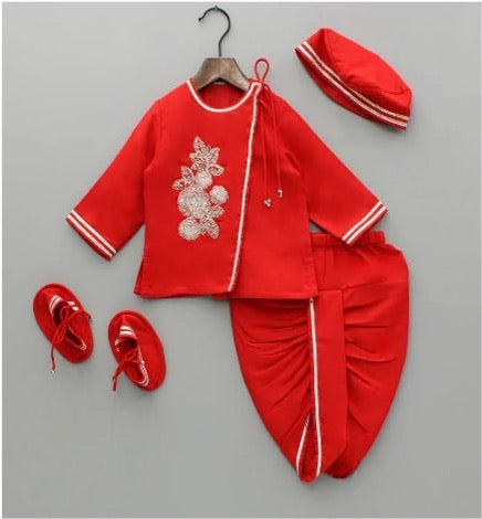 Jamana Boy Red With Flower Embroidery With Dhoti Set