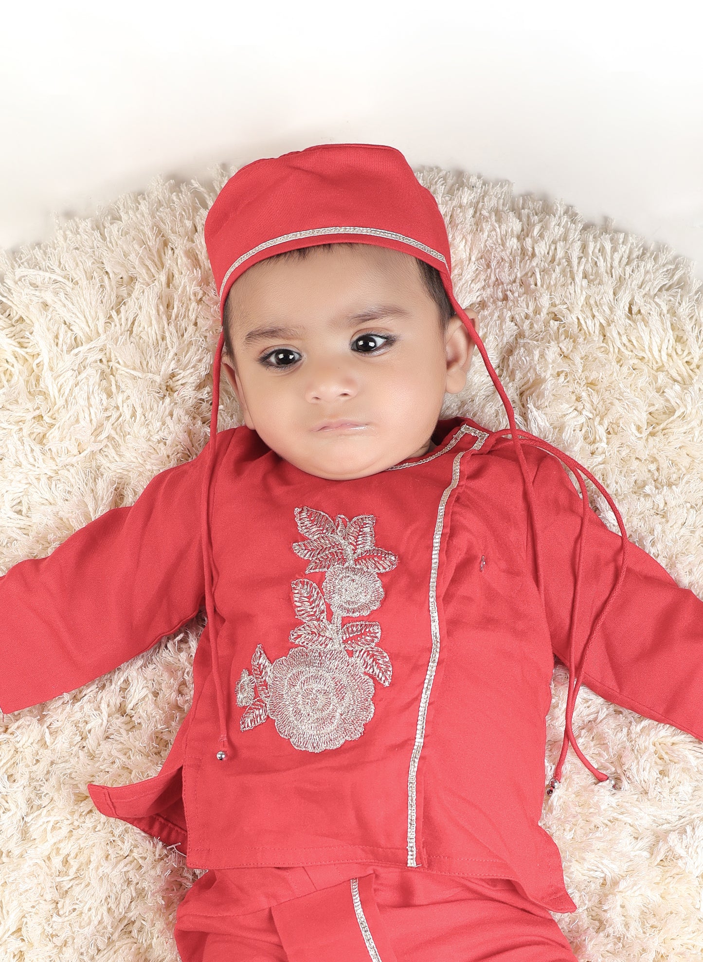 Jamana Boy Red With Flower Embroidery With Dhoti Set
