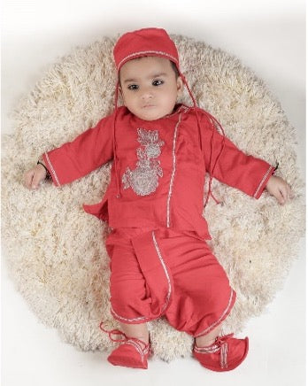 Jamana Boy Red With Flower Embroidery With Dhoti Set