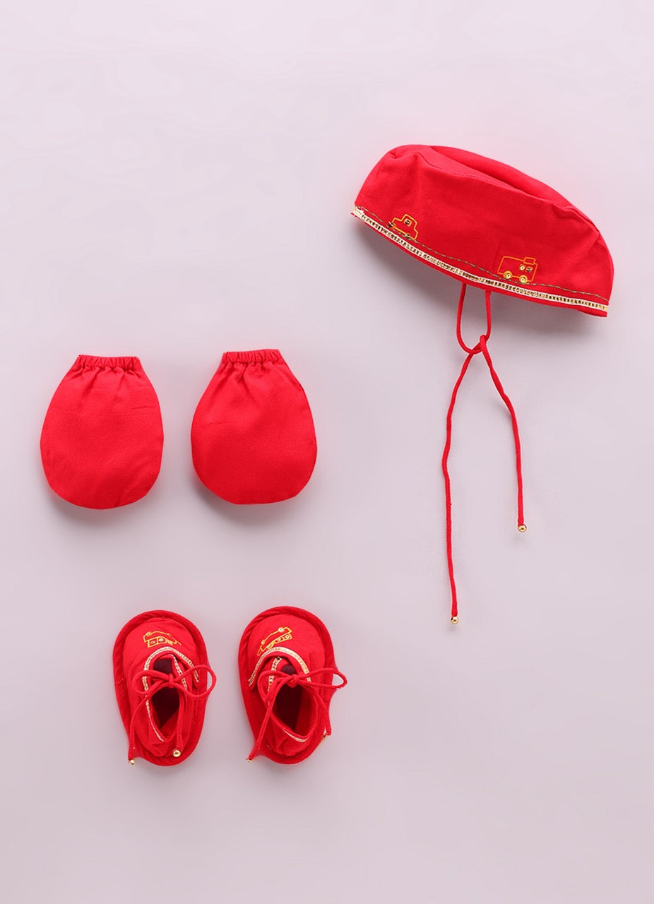 Jamana Boy Red With Car Embroidery On Both Side Of Front Open Kurta With Dhoti Pant Set
