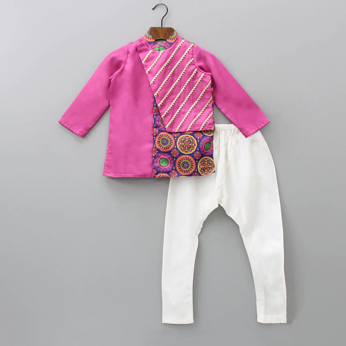 Bright Pink Double Layer Asymmetrical Kurta With Churidar Set