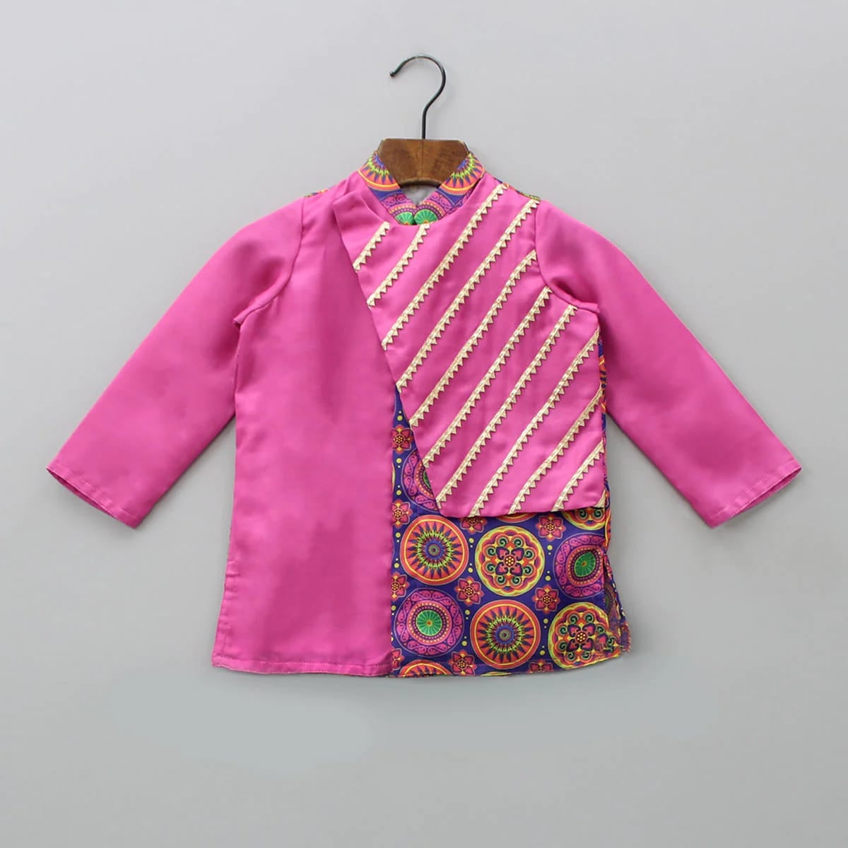 Bright Pink Double Layer Asymmetrical Kurta With Churidar Set