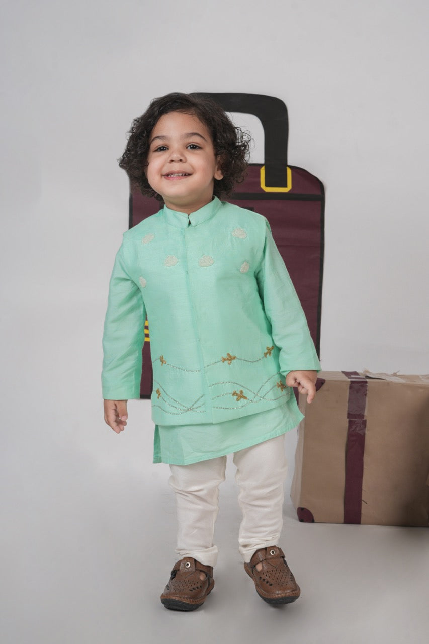 Mint Green Kurta With Aeroplane/Clouds Hand Embroidered Bundi Jacket With Pajama Set