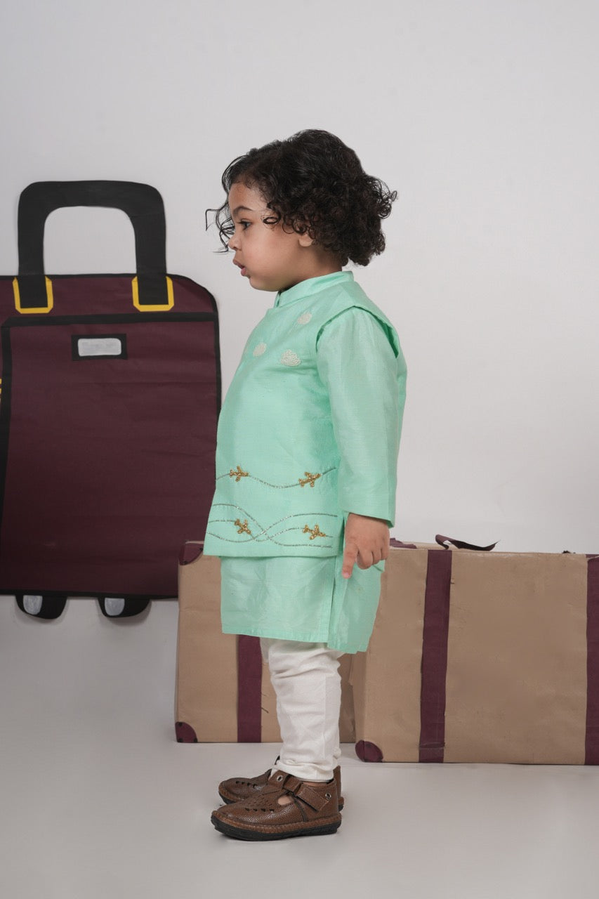 Mint Green Kurta With Aeroplane/Clouds Hand Embroidered Bundi Jacket With Pajama Set