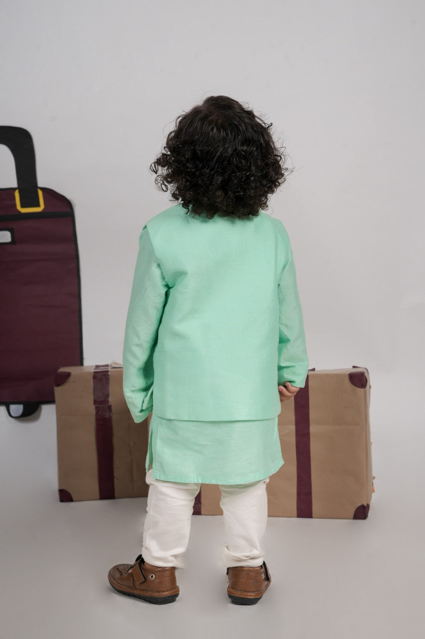 Mint Green Kurta With Aeroplane/Clouds Hand Embroidered Bundi Jacket With Pajama Set