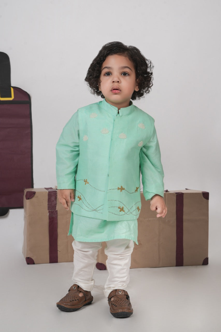 Mint Green Kurta With Aeroplane/Clouds Hand Embroidered Bundi Jacket With Pajama Set