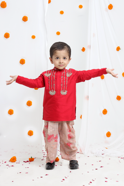 Redish Hand Embroidered Kurta With Beidge Geometrical Printed Dhoti Set