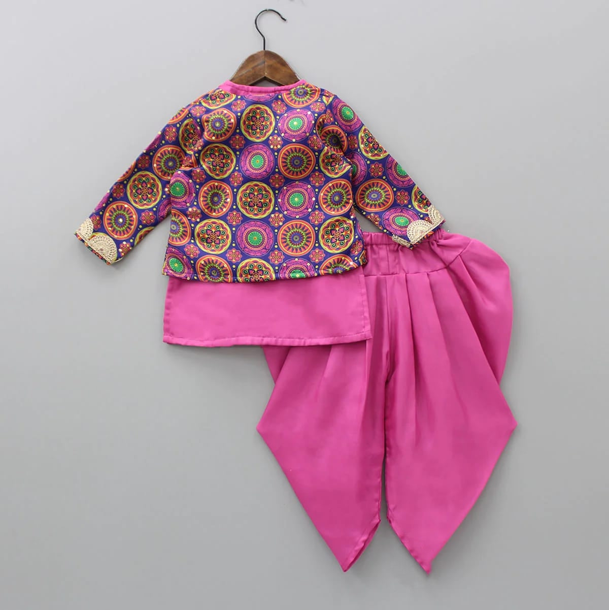Bright Print Kurti With Printed Jacket And Dhoti Pant Set