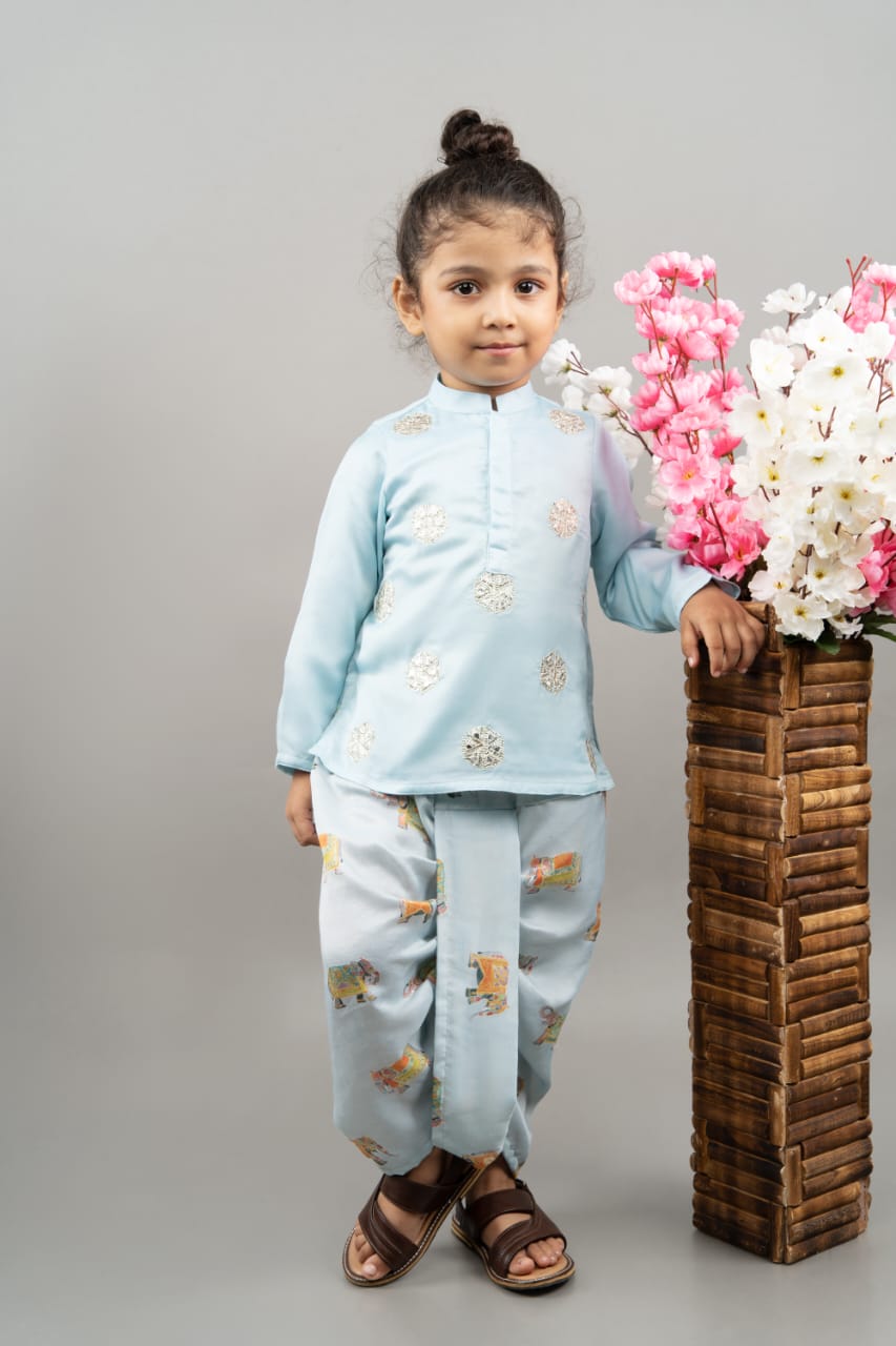 Powder Blue Gota Embroidery Kurta With Elephant Printed Dhoti Set