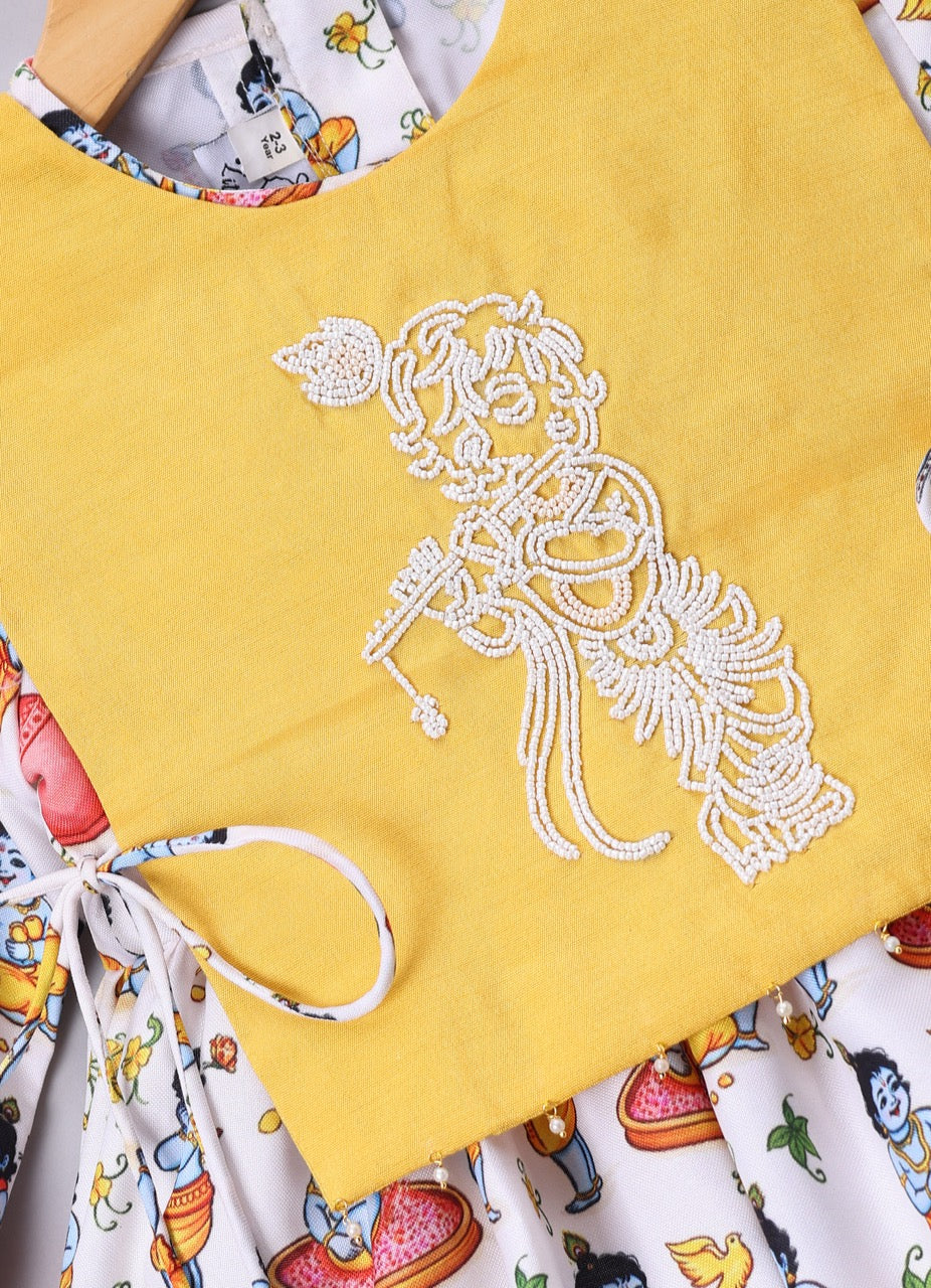 Krishna Printed With Embroidery On Kurta Flap With Dhoti Set
